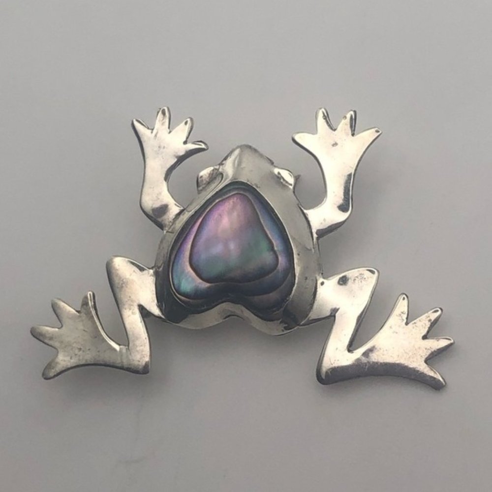 VTG Taxco Sterling Silver &Abalone Heart Frog Brooch 1.5” x 1”